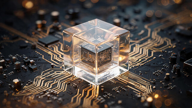 A microchip enclosed in a transparent cube rests on a circuit board with golden traces, representing advanced semiconductor technology.