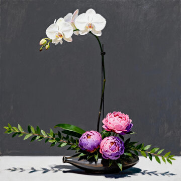 Oil Still Life of Orchid and Peony in Vase