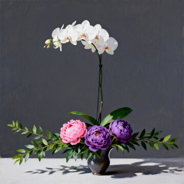 Oil Still Life of Orchid and Peony in Vase
