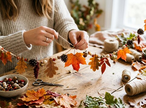 Woman crafting autumn garland with natural materials.