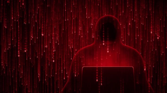 Hooded hacker silhouette at laptop with red binary code rain falling on dark background, cyber crime and hacking concept