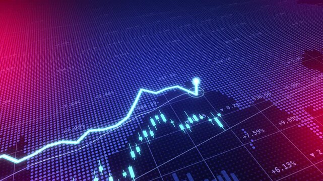 Holographic stock market line graph and candlestick chart over dotted world map with red radar glow, global finance data