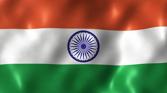 India flag waving in shiny satin fabric, full frame Indian tricolor with Ashoka Chakra rippling, seamless loop background