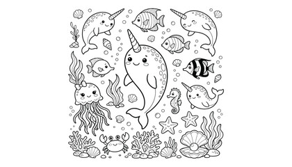 Cute narwhal underwater line art vector illustration. Marine animals, jellyfish, crab, tropical fish, seahorse, starfish, seashells, coral reefs, seaweed and children coloring page design. © SALINA