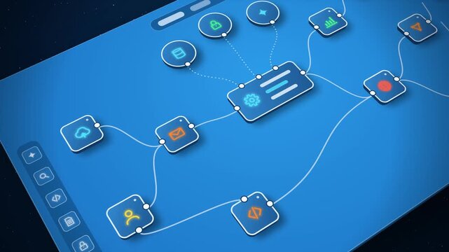 Node workflow diagram building on tilted 3D blue dashboard with glowing data flow lines between app nodes, automation concept
