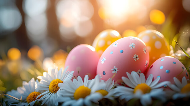 Colorful pastel easter eggs lying among spring daisy flowers festive decoration holiday