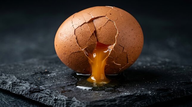 Cracked brown eggshell with fresh orange yolk dripping out on black slate background