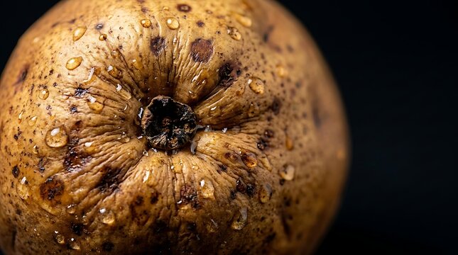 Close up macro of rotten pear bottom with water droplets resembling human anus on black background, bizarre concept