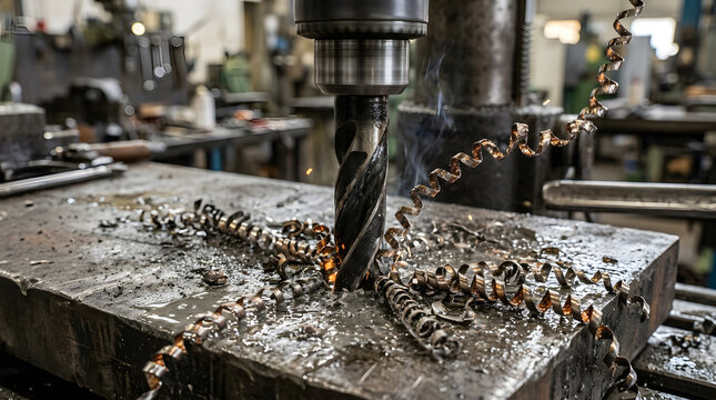 Industrial heavy machinery drill bit cutting through a thick steel plate with metal shavings, sparks, and cooling fluid in a manufacturing workshop environment for engineering production concepts