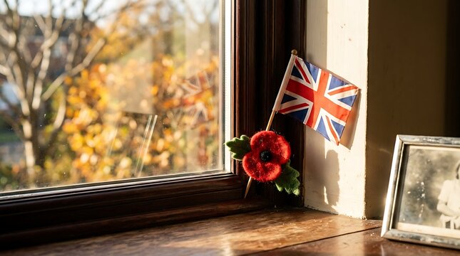 A poignant still life capturing a moment of remembrance featuring a vibrant poppy and a union jack flag bathed in soft light