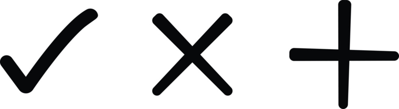 Set of check mark cross and plus sign vector icons with incorrect