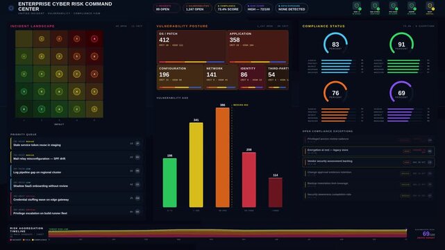 Enterprise cyber risk command center dashboard animation. Dark mode interface displaying incidents, vulnerabilities, and compliance metrics. Premium 4K loop for security operations and executive.