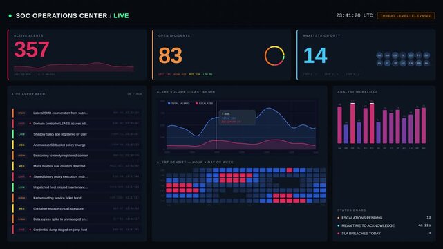 Premium dark mode Security Operations Center dashboard animation tracking real-time alerts, incidents, and analyst workload with data visualizations for commercial creative technology and business.