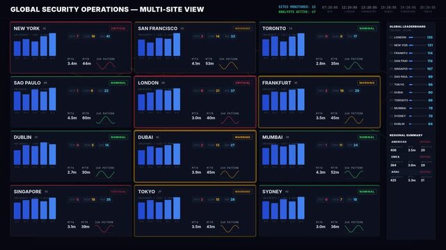 Premium dark-mode multi-site global security operations dashboard with world map, incident grid, and animated data arcs for commercial creative technology and business use.