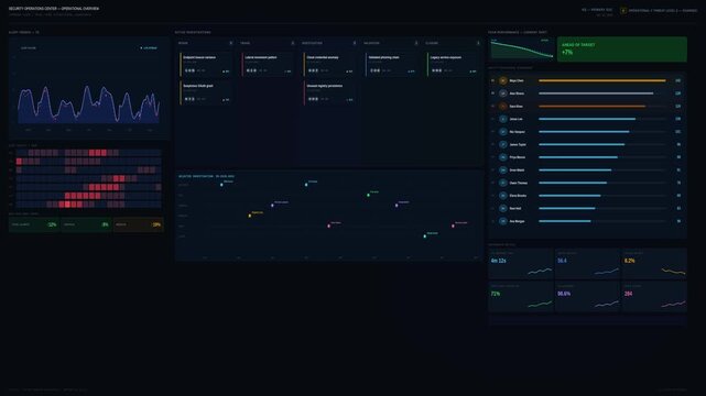 Premium dark mode security operations dashboard UI animation showing alert trends, investigation kanban board, and team performance metrics with live data updates.