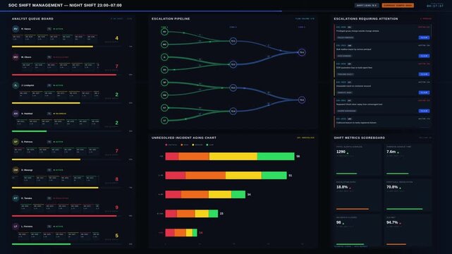 Premium dark-mode SOC shift management dashboard tracking analyst queues, escalation pipelines, and unresolved incident aging charts in a seamless 4K loop for security operations.