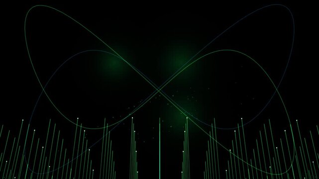 Futuristic green infinity loop with glowing digital lines, abstract neon data visualization, cyberpunk motion graphics for technology and science