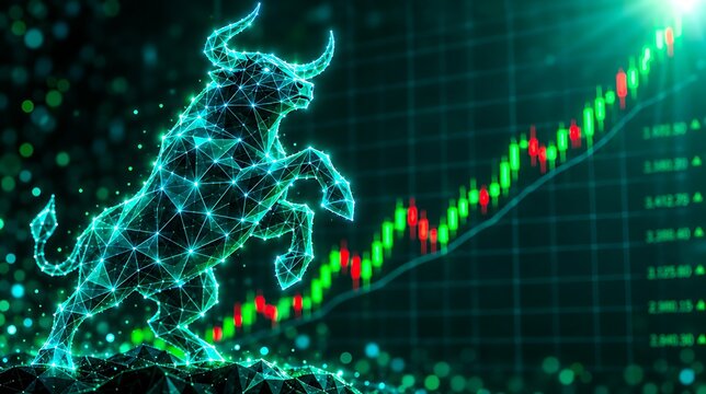 Digital bull market concept with rising stock chart and glowing financial data