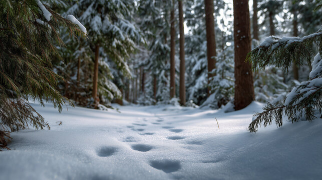 Rabbit tracks in snowy forest natural environment