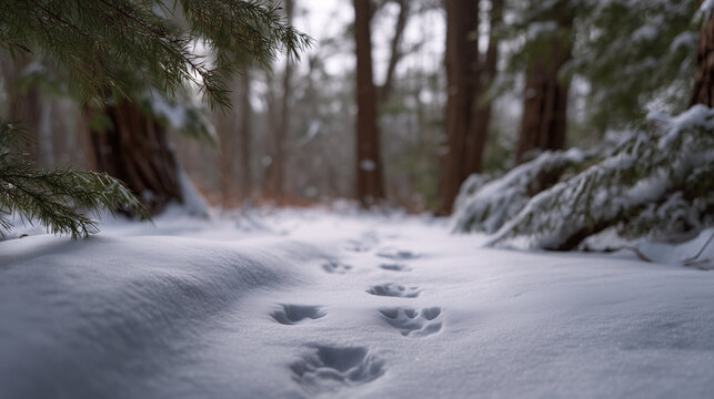Rabbit tracks in snowy forest wildlife scene