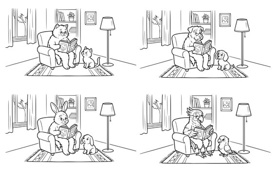 older cat reading to younger cat in living room, no text, Coloring page illustration thick lines on white background,