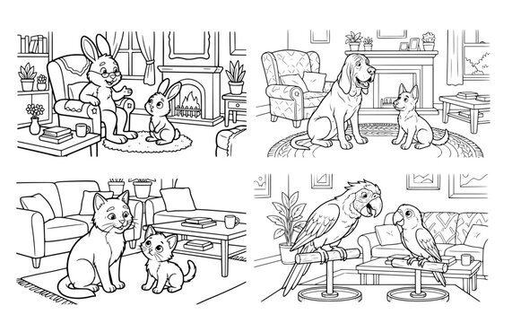 older cat talking to younger cat in living room, no text, Coloring page illustration thick lines on white background,