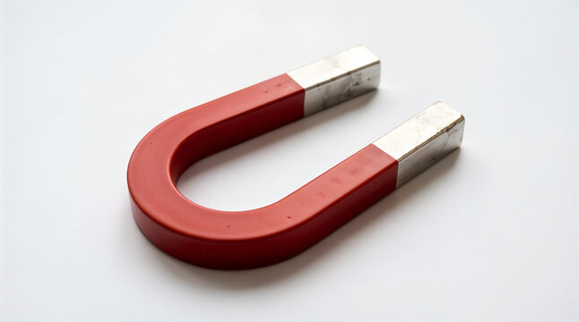 Horseshoe magnet resting on white background demonstrating magnetic force and physics