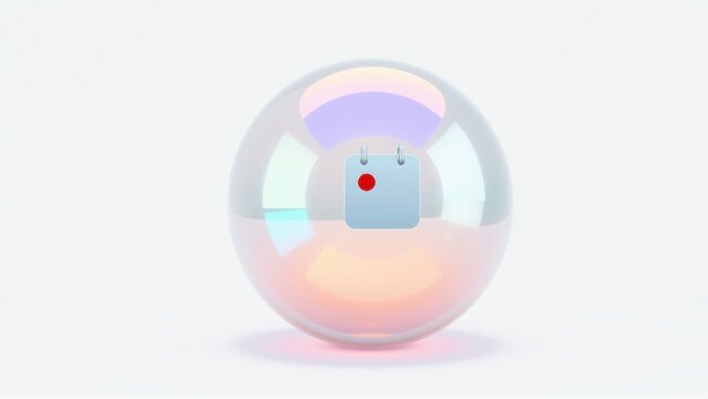 Shiny sphere contains small metallic cube. Red dot visible on cubes surface. Minimalist design, soft lighting, clean background.