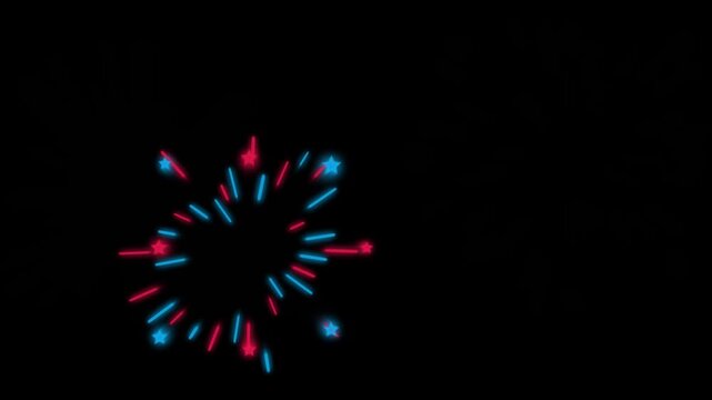 Neon fireworks animation with red and blue glowing lines, festive motion graphics burst on black background, celebratory light effect for overlays