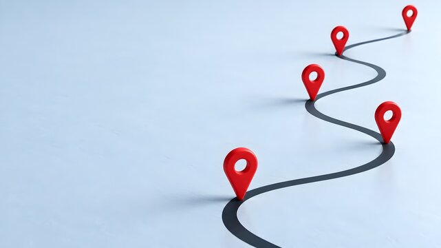 Strategic roadmap concept with red location markers connecting milestones along a winding path