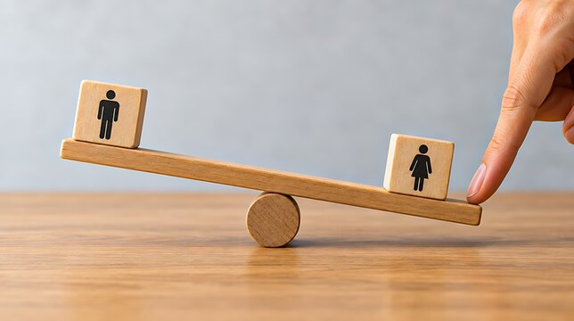 Workplace gender equality concept shown with balanced employee figures on a wooden scale