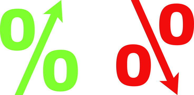 Percentage up and down arrows  indicating financial change. Vector icons, widely used in business, finance, and statistics to illustrate economic trends, interest rate changes.