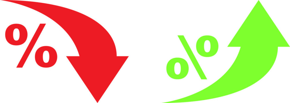Percentage up and down arrows  indicating financial change. Vector icons, widely used in business, finance, and statistics to illustrate economic trends, interest rate changes.