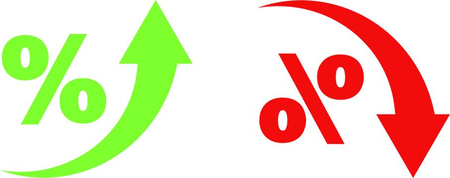 Percentage up and down arrows  indicating financial change. Vector icons, widely used in business, finance, and statistics to illustrate economic trends, interest rate changes.