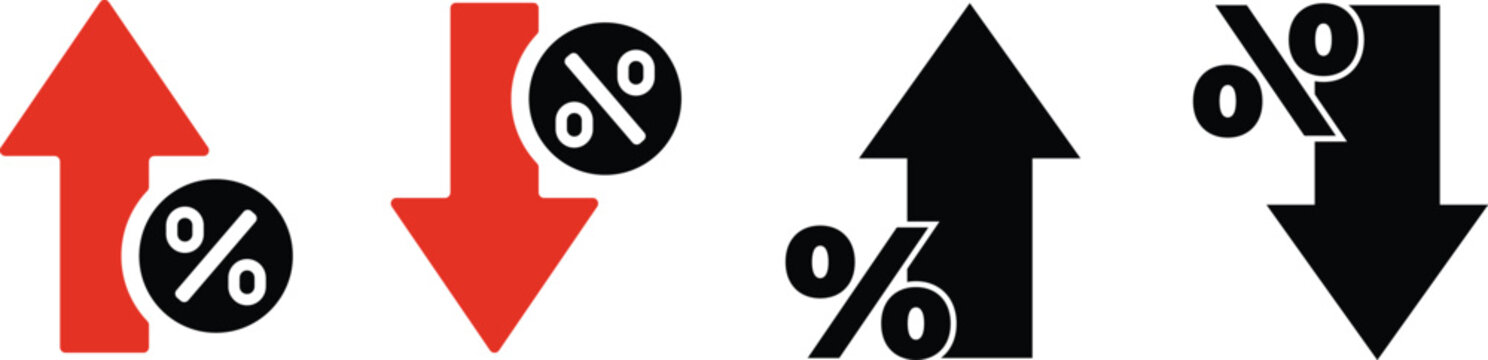 Percentage up and down arrows set indicating financial change. Vector icons, widely used in business, finance, and statistics to illustrate economic trends, interest rate changes.