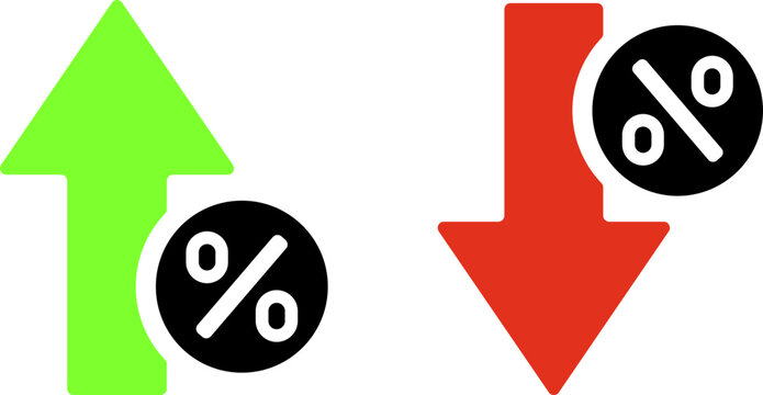 Percentage up and down arrows  indicating financial change. Vector icons, widely used in business, finance, and statistics to illustrate economic trends, interest rate changes.