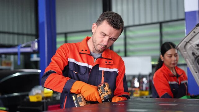 Caucasian Mechanic man repairing electric vehicle battery in garage