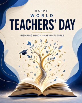 World Teachers' Day graphic with book and knowledge tree.