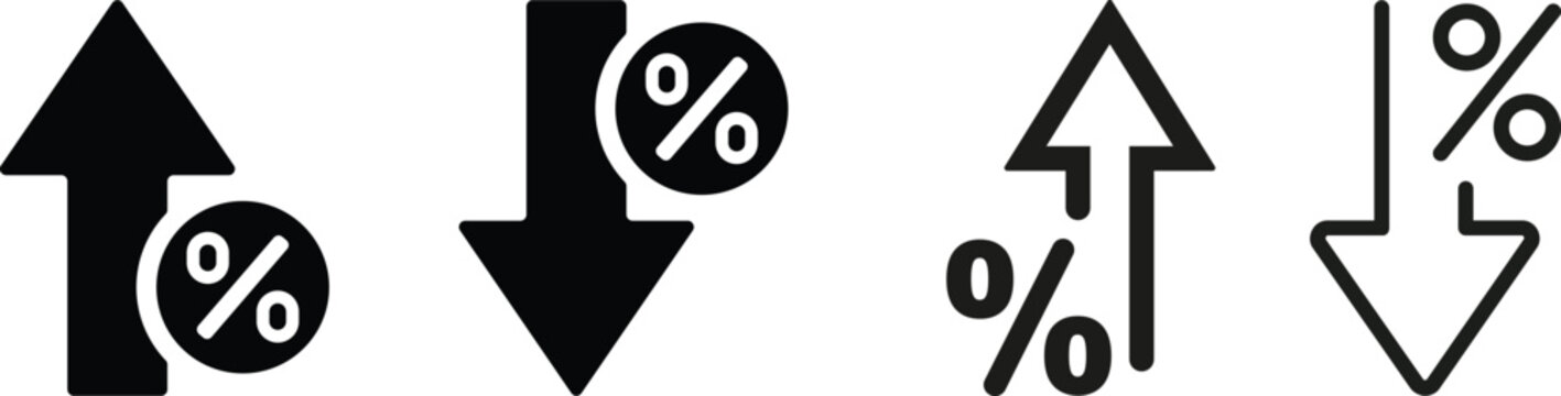 Percentage up and down arrows set indicating financial change. Vector icons, widely used in business, finance, and statistics to illustrate economic trends, interest rate changes.