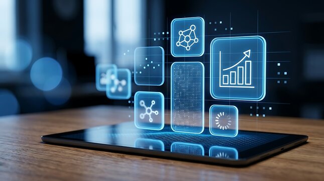 Futuristic virtual financial data screen with holographic charts and network icons projecting from tablet computer placed on wooden table in modern office space.