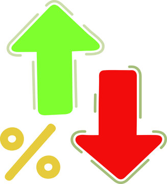 Percentage up and down arrows  indicating financial change. Vector icons, widely used in business, finance, and statistics to illustrate economic trends, interest rate changes.