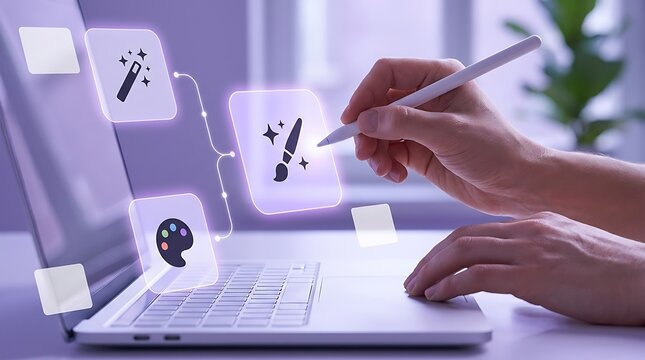 Graphic designer hand using digital pen on laptop virtual screen with creative tool icons to create art illustration and edit design interface in office studio.