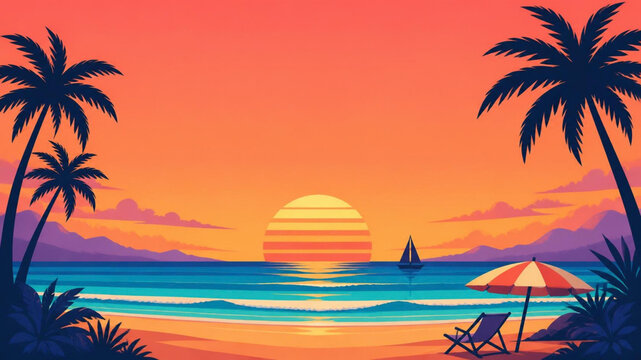 Wide summer beach sunset scene: big striped sun, palm tree silhouettes, sailboat, layered ocean waves, a beach umbrella, empty sky area for text