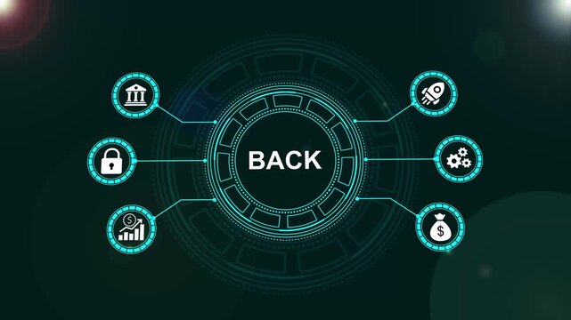 Digital interface with back button and business hud animation for ui/ux