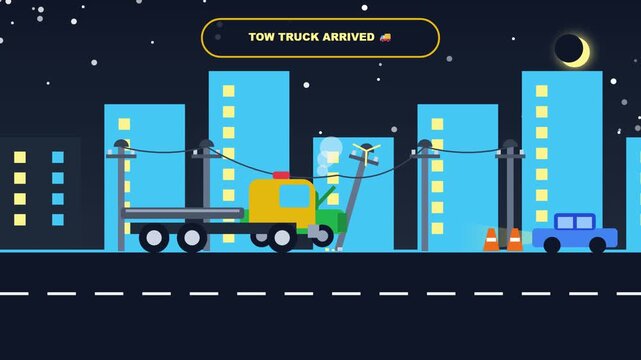 Flatbed Tow Truck Emergency Service Animation in City at Night