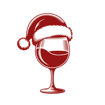 Christmas Red Wine Glass with Santa Hat Festive Illustration