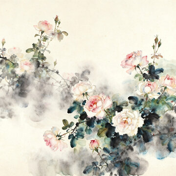 Chinese Watercolor Painting of Pink Rose Branches