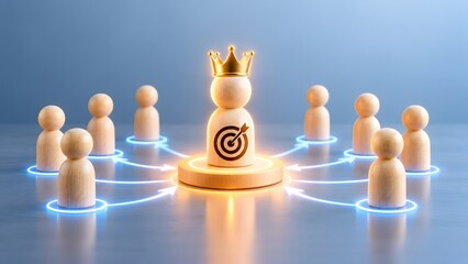 Obraz premium Crowned wooden figure on a target pedestal leading a glowing network of team members in a 3D business concept