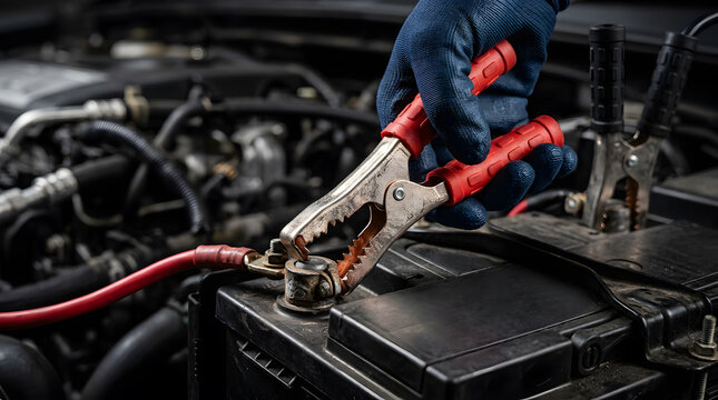 A mechanic in protective blue work gloves carefully attaches a red jumper cable clamp to a car battery terminal in the engine bay to jumpstart a stalled vehicle during routine auto repair maintenance