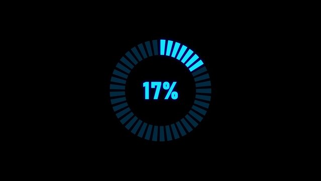 Circular loading progress bar indicator showing seventeen percent completion with glowing blue segments on a dark black background